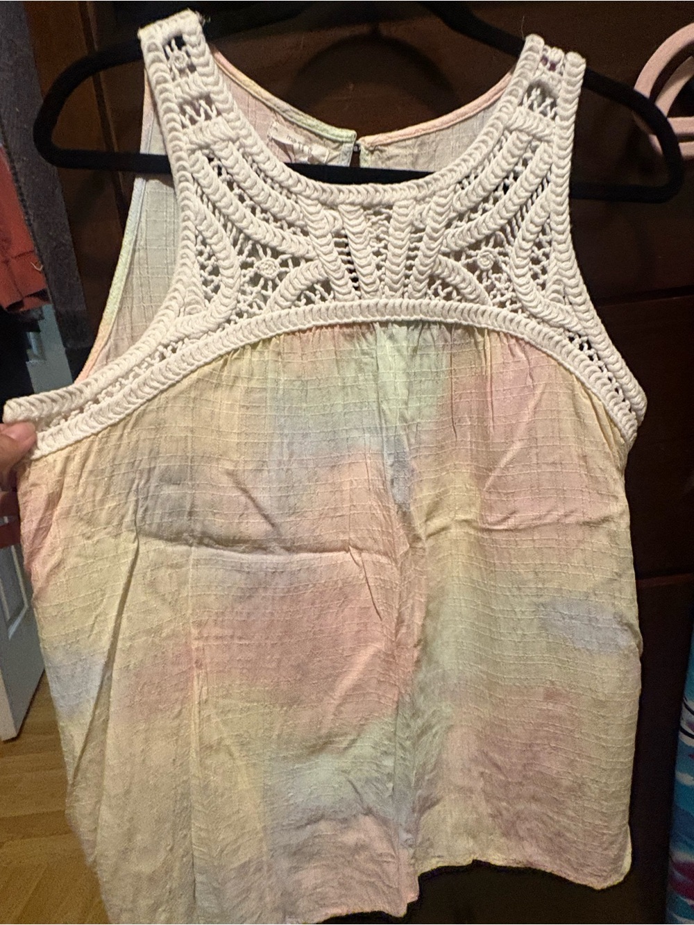 Maurice’s Boho Crochet Yoke Tie-Dye Tank Top - White Crochet, Pastel Multi